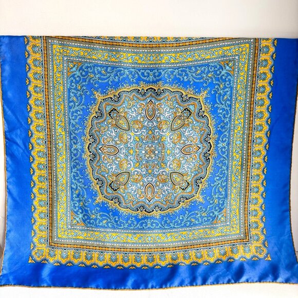 Vintage Paisley Geometric Print SILK Scarf Yellow Gold Hand Rolled Edge - Picture 1 of 6